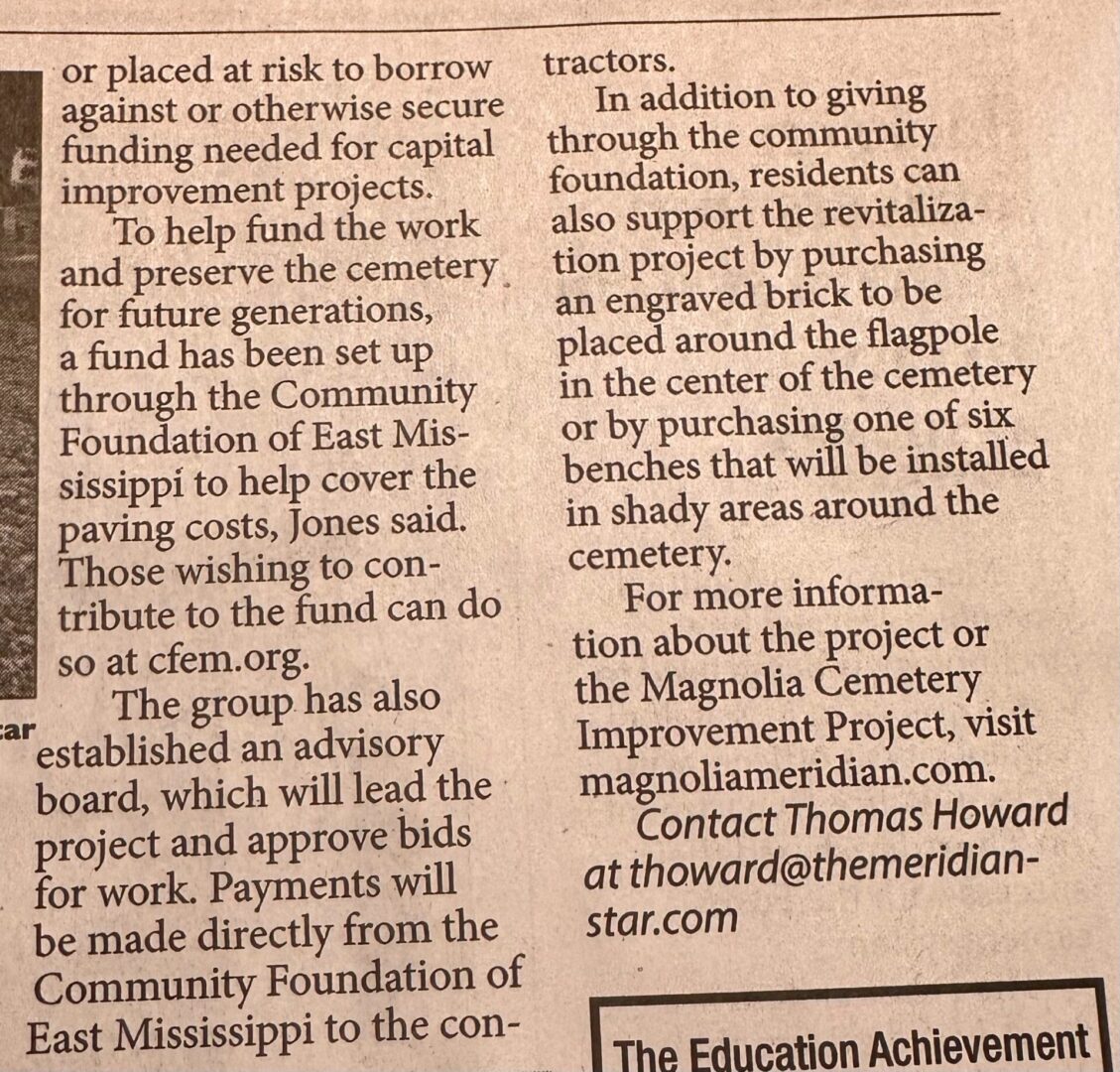 A newspaper article about the education achievement of the magnolia cemetery.